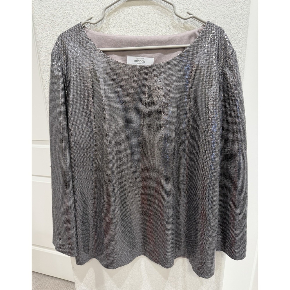 Exclusively Misook 2X Taupe Sequin Paillette Long Sleeve Top Evening Party